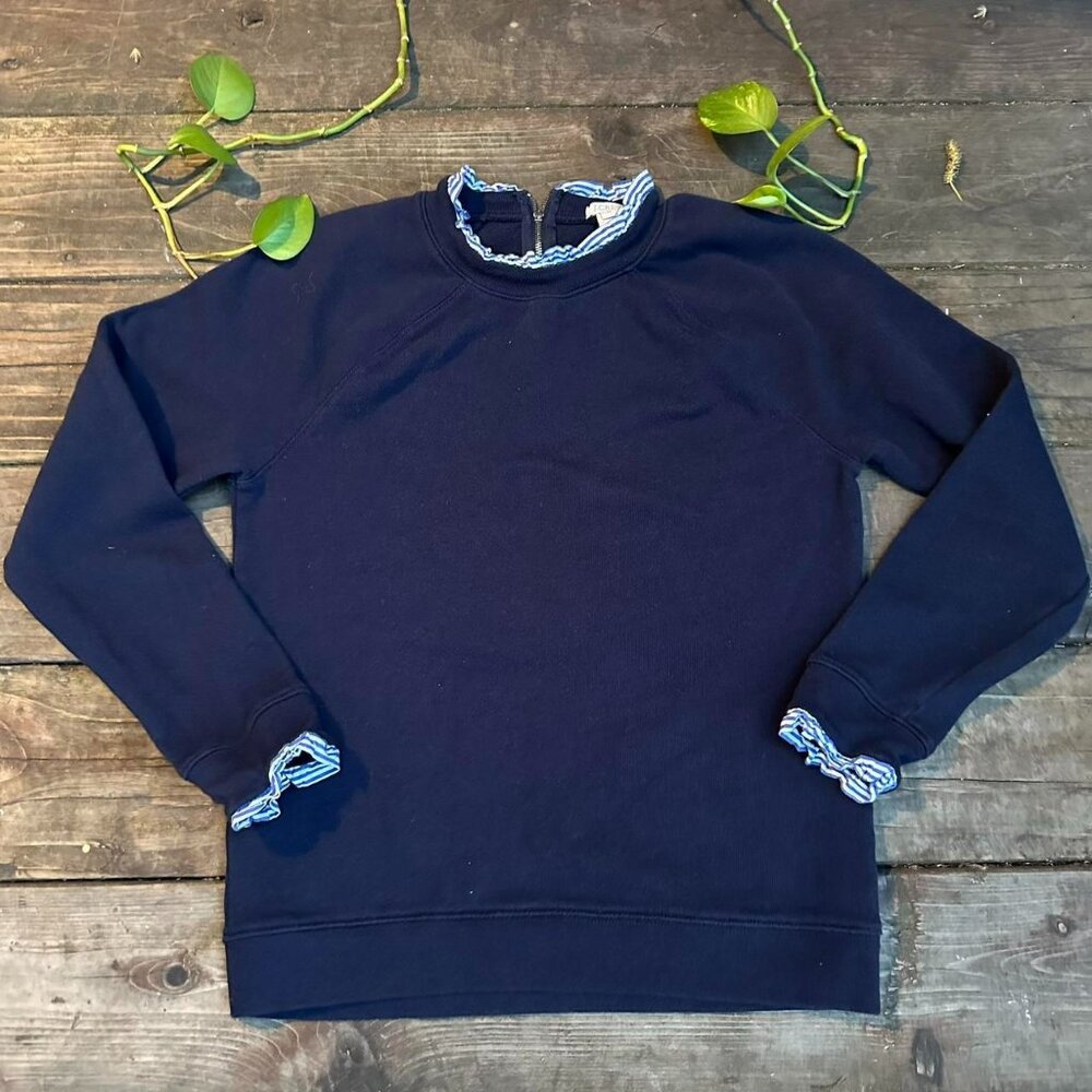 J. crew blue sweater with striped collar and striped cuff details
